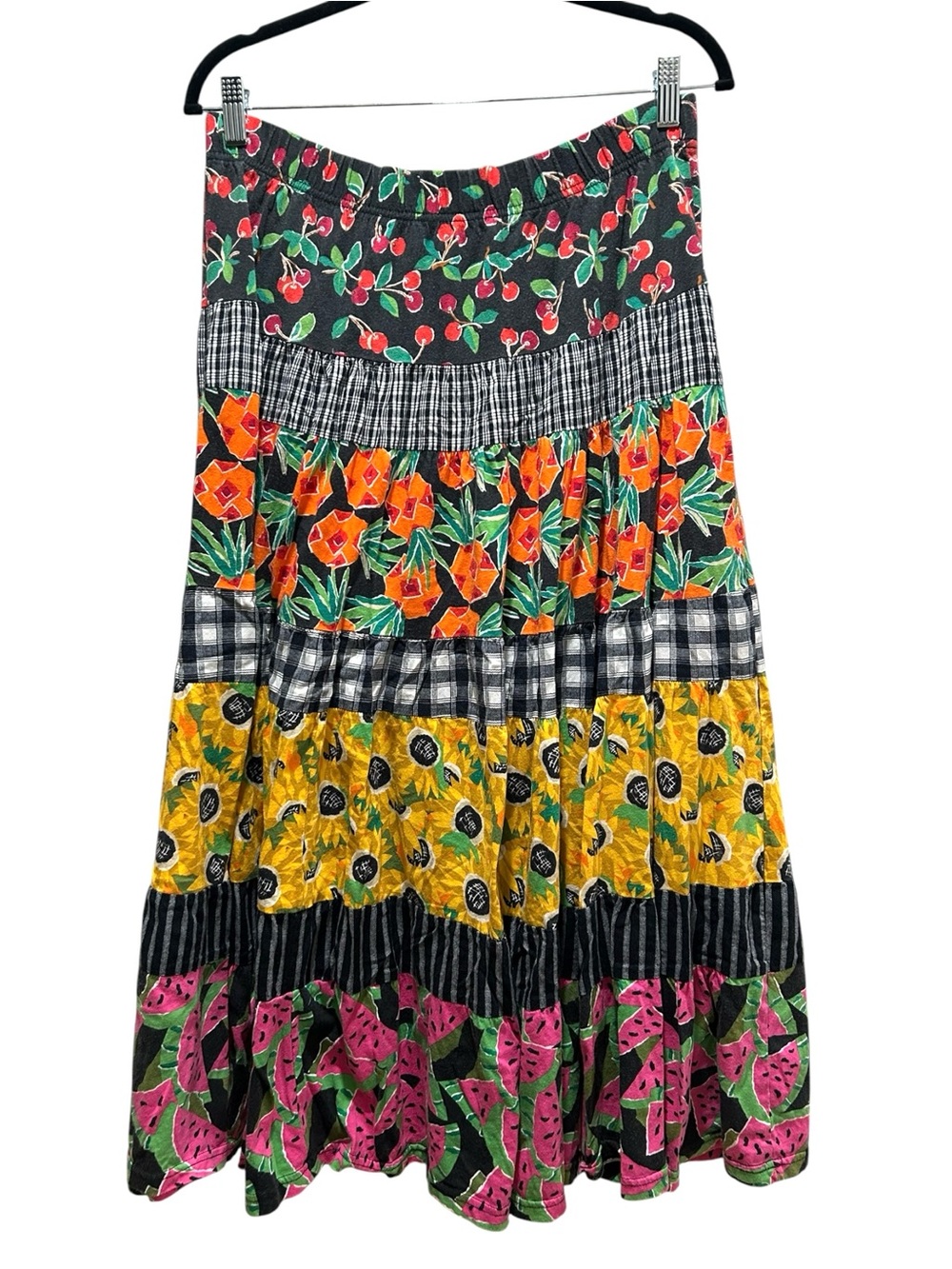 VTG 90s Carole Little Cotton Blend Mixed Print Tiered Cotton Maxi Skirt - Medium